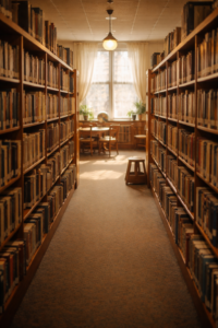 Family exploring library stacks during documentary photography session Connecticut