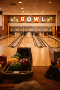 Couple laughing at bowling alley during candid photo session Connecticut