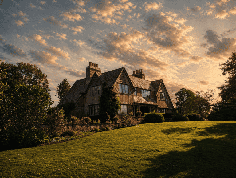 Chase Cottage at Topsmead State Forest glowing in golden hour light with a dramatic sunset sky, Litchfield CT family photography session backdrop